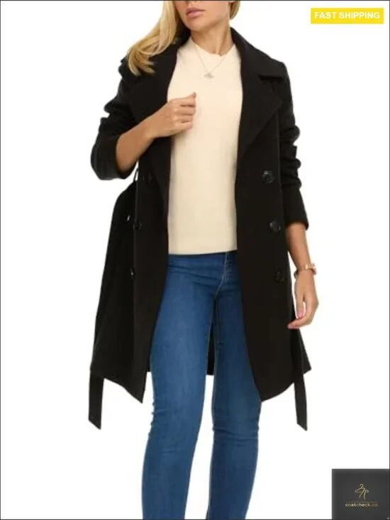 Double-Breasted Trench Coat Classic Elegant Faux Wool Winter Coat Fitted - Picture 2 of 7